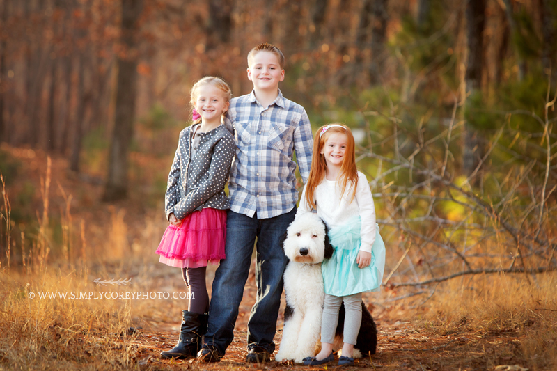Outdoor portrait of siblings and dog by Atlanta family photographer