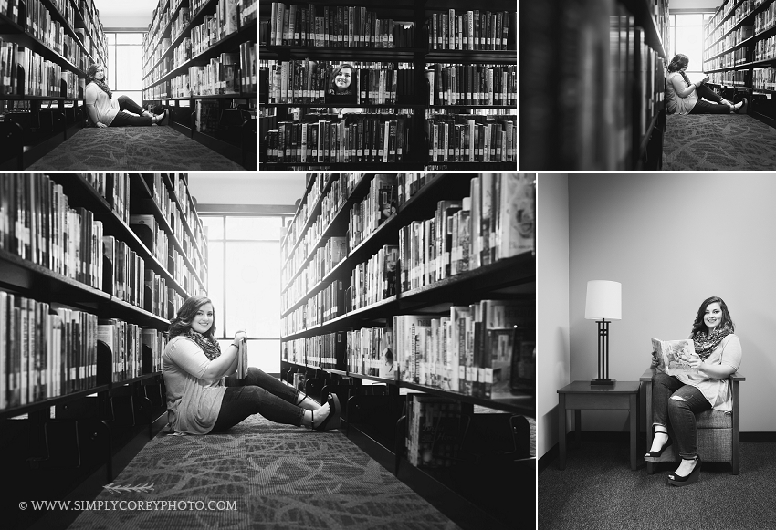senior portrait session in a library by Atlanta senior portrait photographer