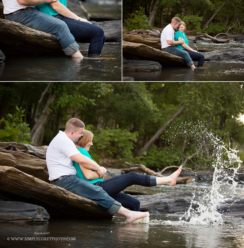 engaged couple playing in the water during their Atlanta engagement session