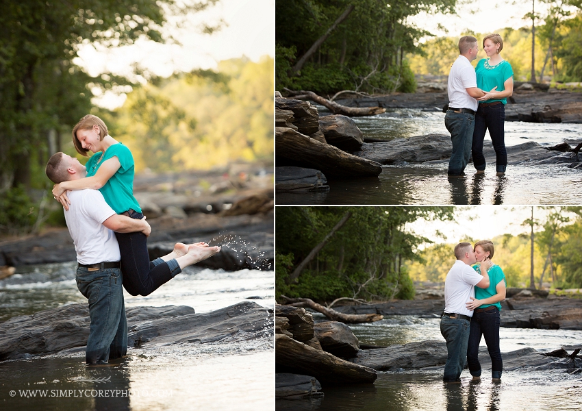 engaged couple playing in the water during their portrait session by Atlanta wedding photographer