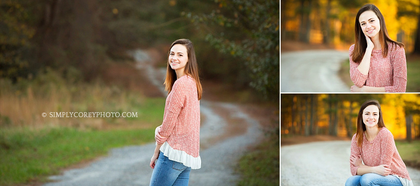 teen girl on a dirt road during an outdoor photography session by Carrollton senior portrait photographer
