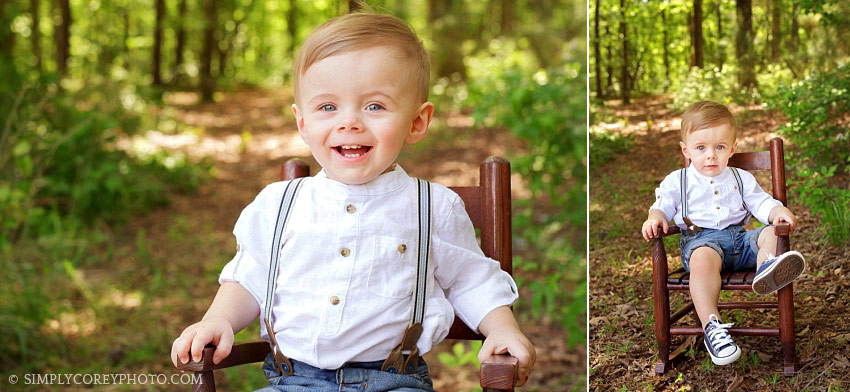 Newnan baby photographer, toddler boy in a rocking chair during a spring portrait session