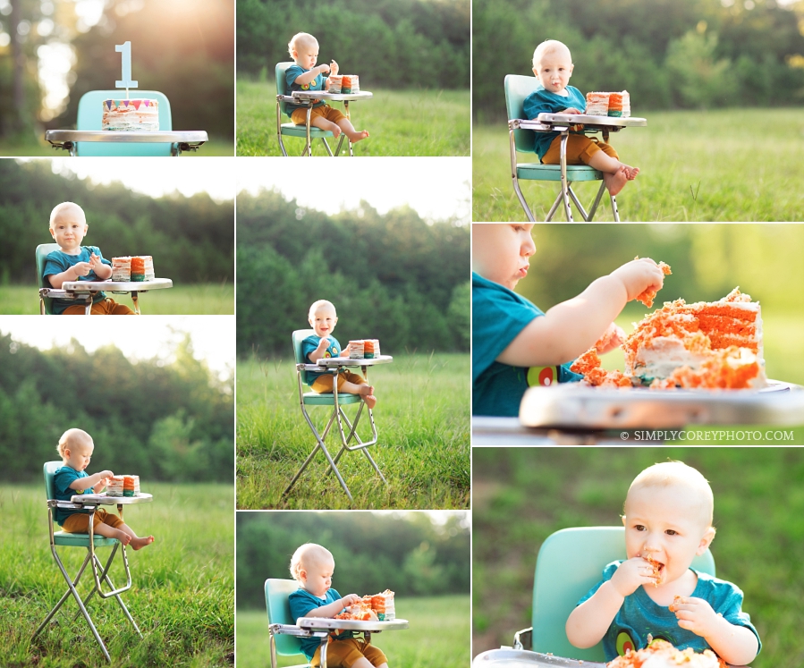 baby in a vintage high chair during an outdoor one year session by Atlanta cake smash photographer