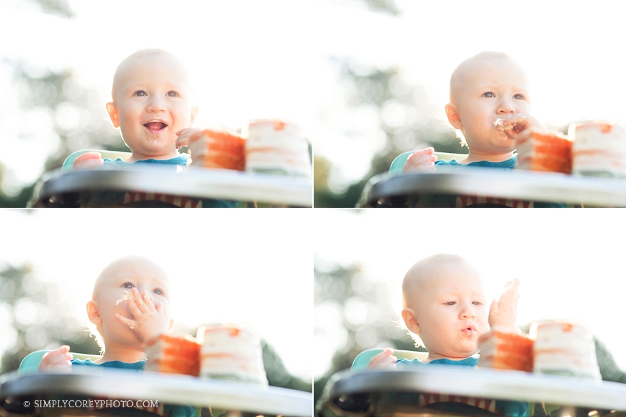 baby in a vintage high chair during an outdoor one year session by Newnan cake smash photographer