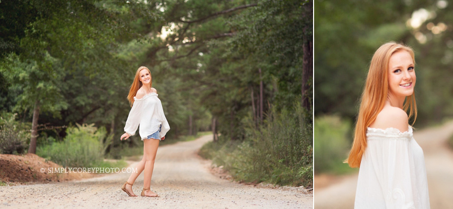 teen girl on a dirt road in the country by Atlanta senior portrait photographer