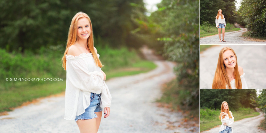 teen girl on a dirt road in the country by Villa Rica senior portrait photographer