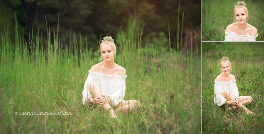 teen girl with a flower crown in tall grass by Atlanta senior portrait photographer
