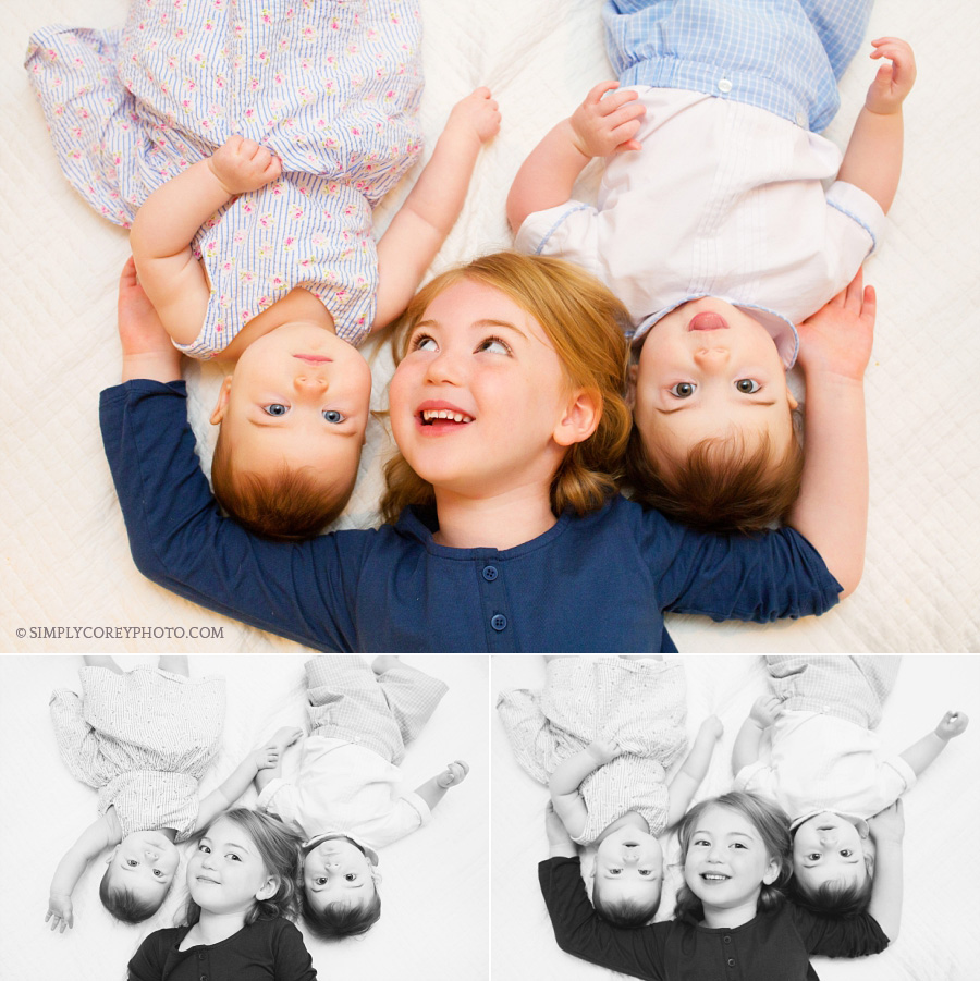 big sister with baby twin siblings by Atlanta children's photographer