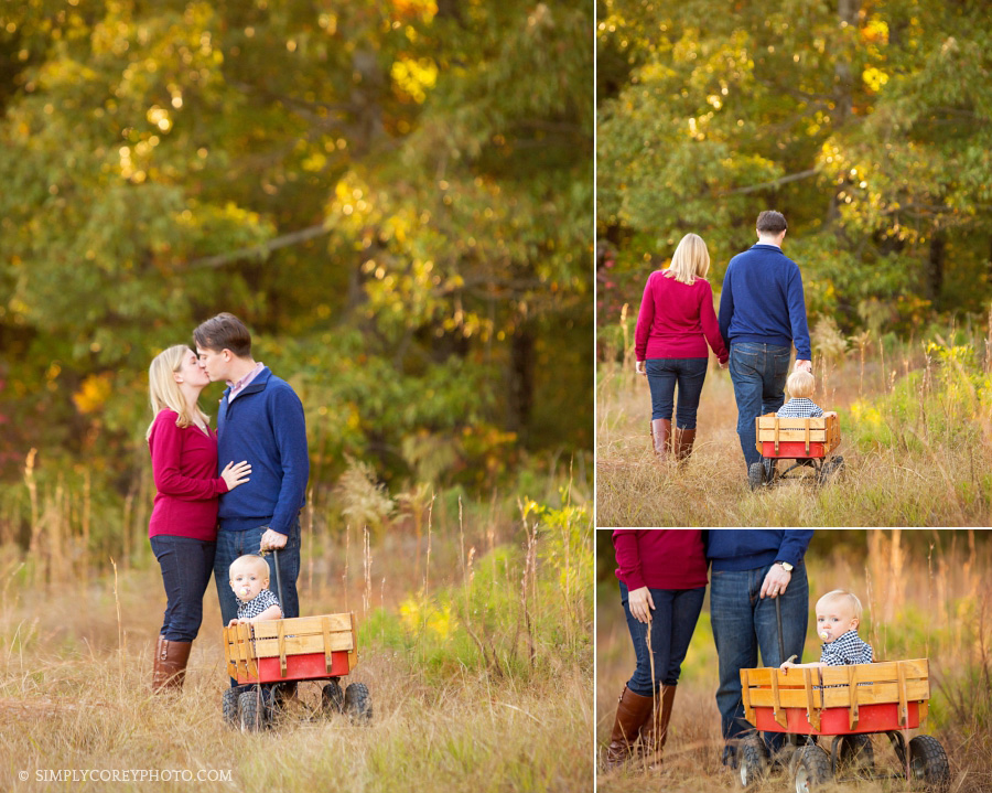 baby in a wagon with mom and dad by Atlanta family photographer