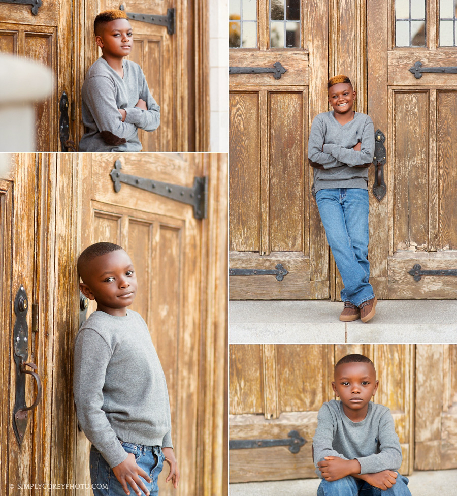 boys by wooden doors at Berry College by Atlanta child photographer
