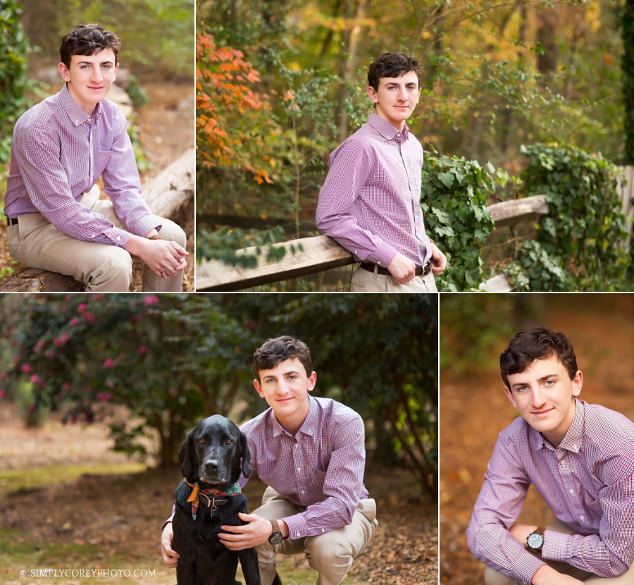 outdoor portraits at home with dog by Atlanta senior portrait photographer