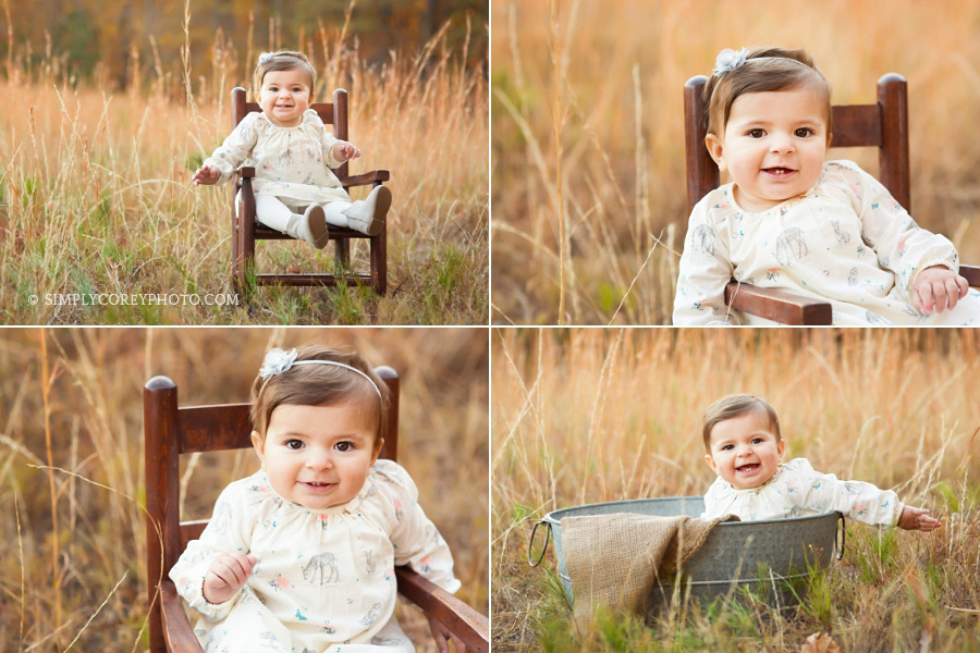 baby girl in a rocking chair in a field by Atlanta baby photographer