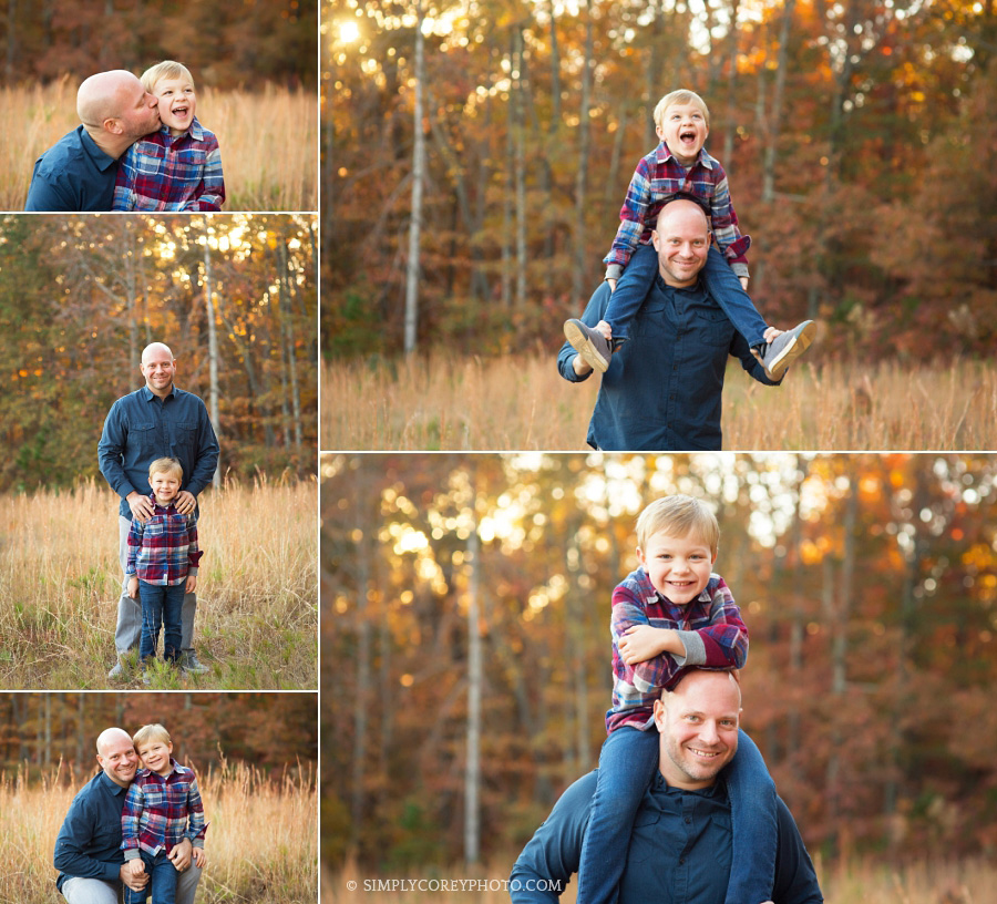 dad and son in a field by Douglasville child photographer