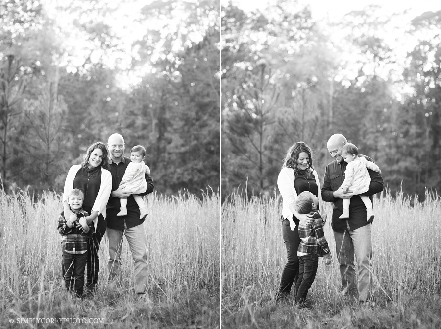 fall portraits outside in a field in black and white by Carrollton family photographer