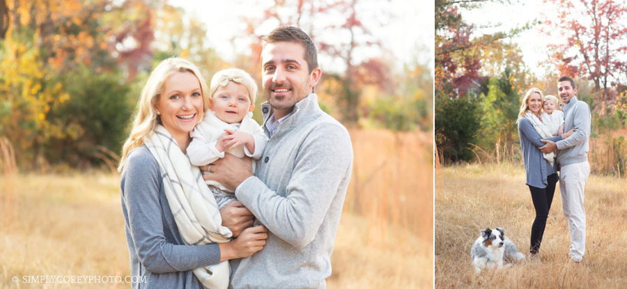 outdoor family portraits with a baby and a dog by Atlanta family photographer