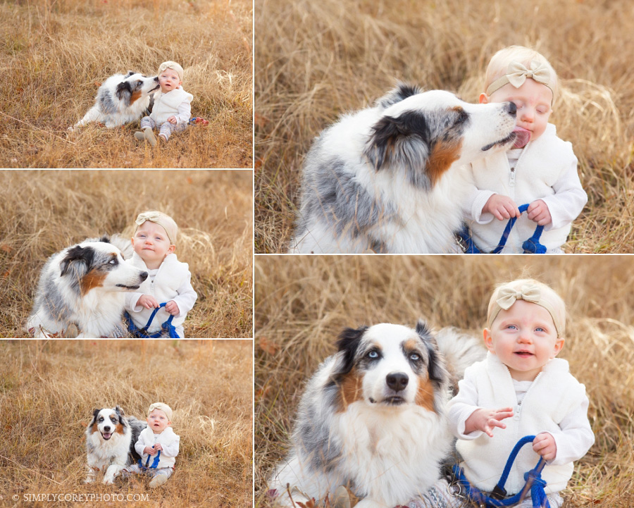 outdoor portraits of a baby with a dog by Atlanta baby photographer