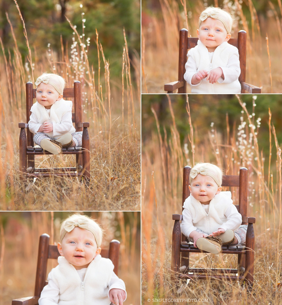 outdoor portraits of a baby in a rocking chair in tall grass by Atlanta baby photographer