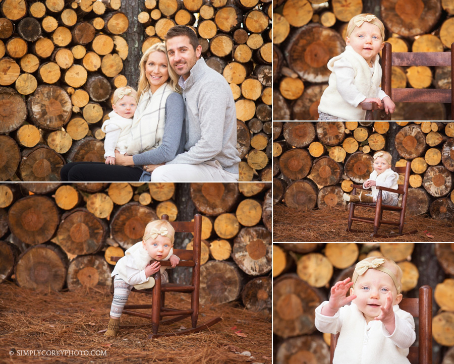 outdoor portraits of a baby in a rocking chair near a wood pile by Carrollton baby photographer