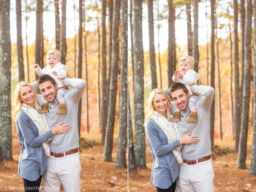 outdoor family portraits with a baby on dad's shoulders by Carrollton family photographer