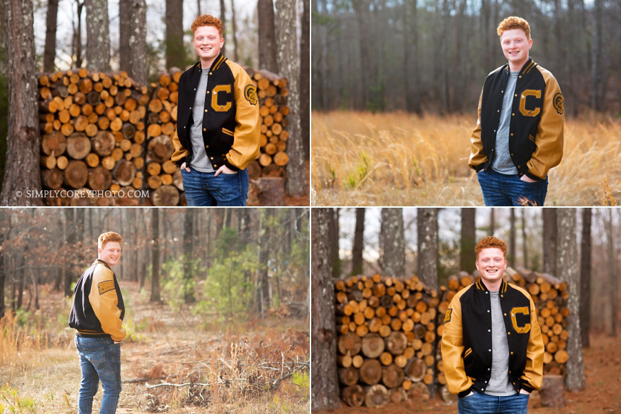 teen in varisty letterman jacket, Carrollton senior portrait photography