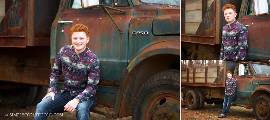 teen boy with vintage truck by Douglasville senior portrait photographer
