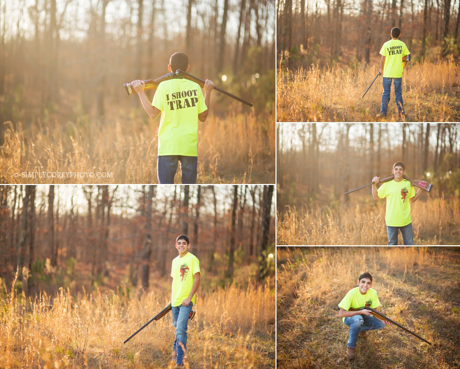 Douglasville senior portrait photography, boy with a Perazzi shotgun and trap shirt