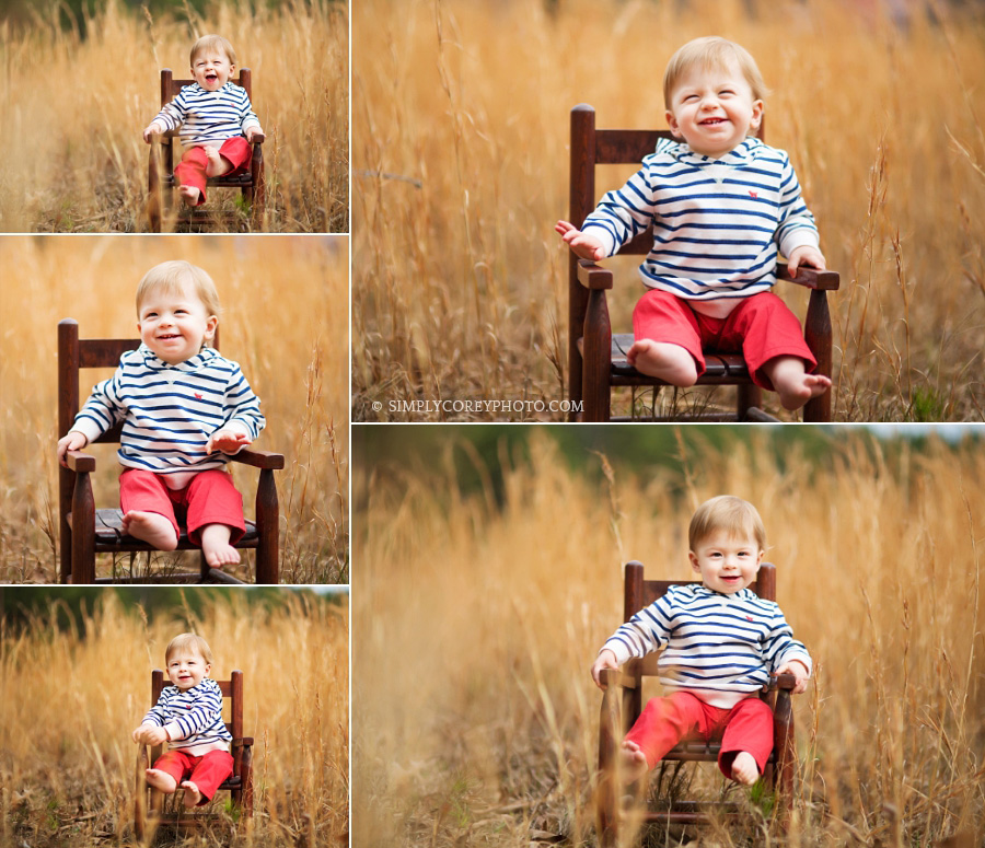 one year old in a rocking chair in a field, baby photographer Douglasville