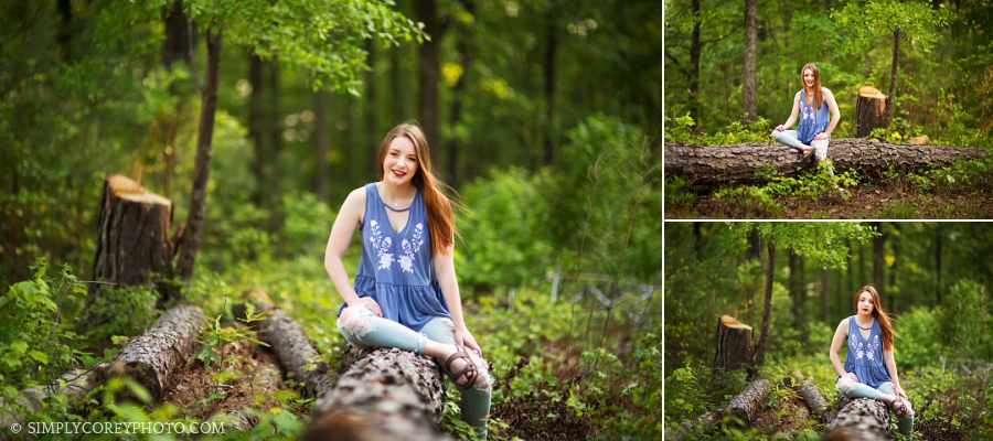 Douglasville senior portraits of a teen girl outside on a log