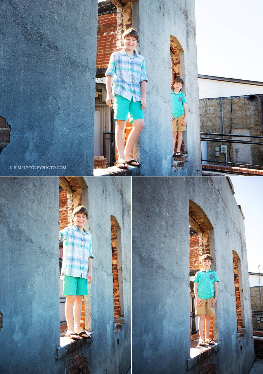 two brothers at a portrait session downtown by Douglasville child photographer
