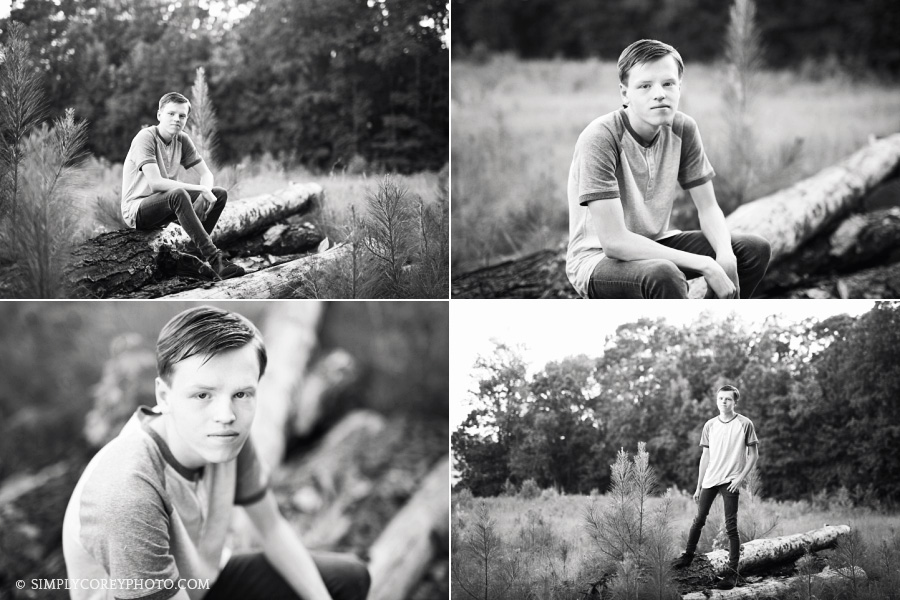 Villa Rica senior portraits in black and white of a teen boy in the country