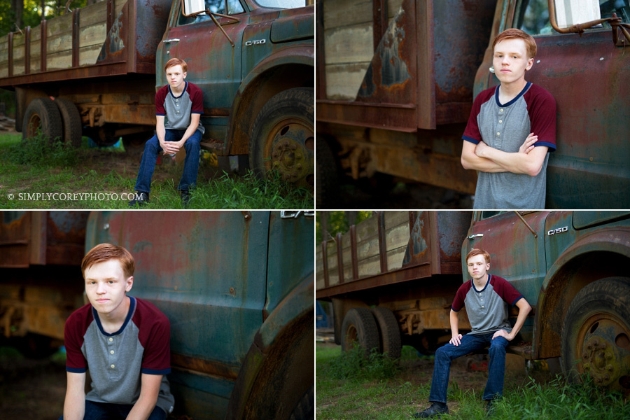 teen boy with vintage Chevrolet truck by Villa Rica senior portrait photographer
