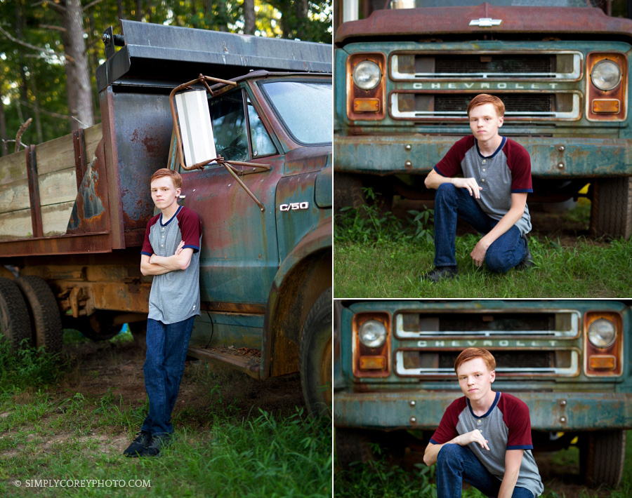 Atlanta senior portrait photography of teen boy with vintage Chevrolet truck