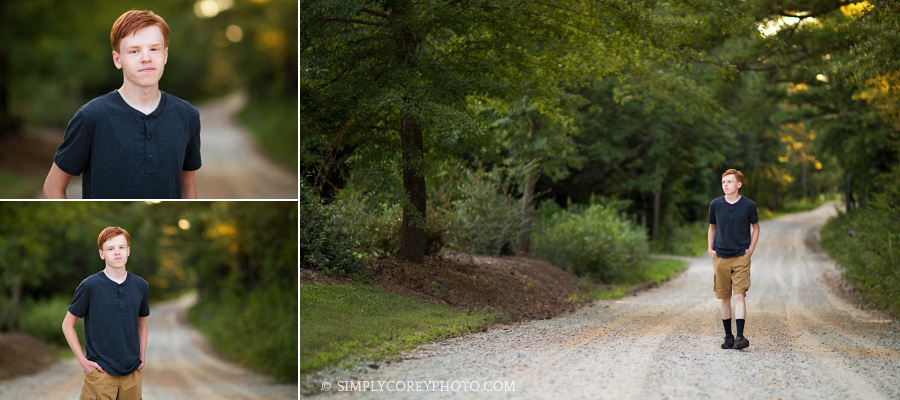 Atlanta senior portraits of teen boy on a country dirt road