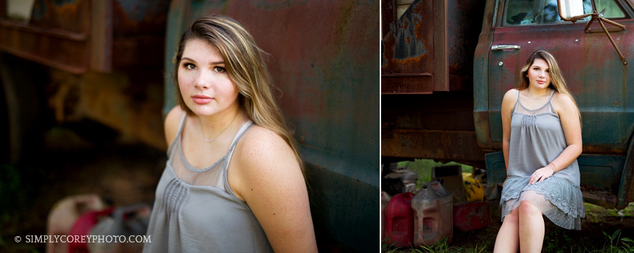 Carrollton senior portraits of a teen girl with a vintage truck