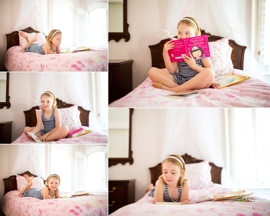Atlanta children's photography of a girl reading on her bed