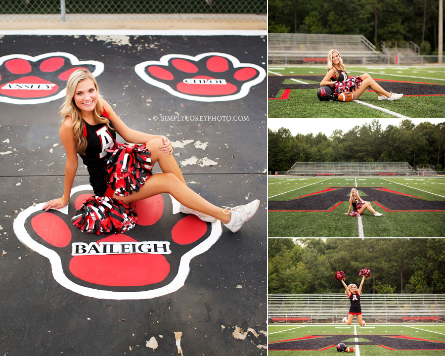 Alexander High School cheerleader on football field by Douglasville teen photographer