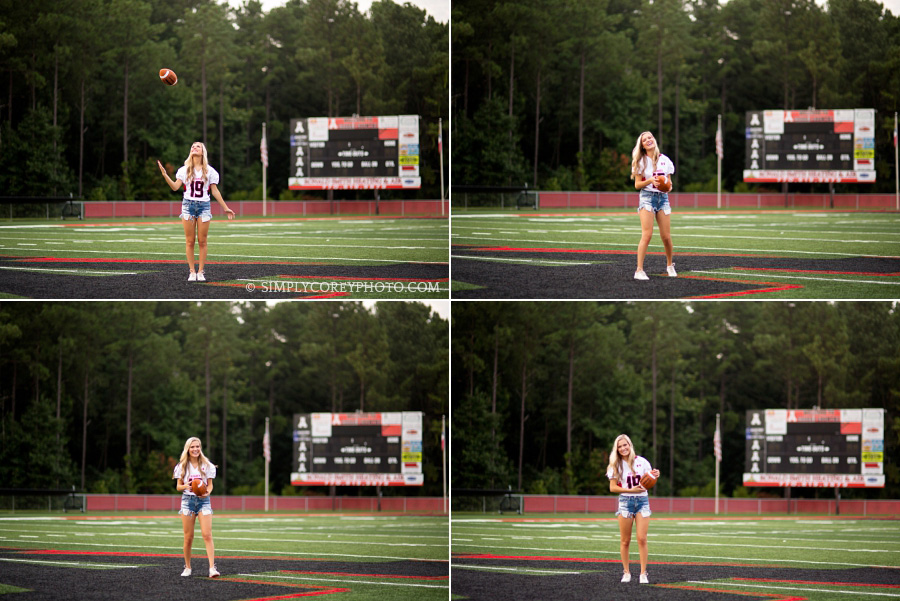 Alexander High School cheerleader catching a football on field by Douglasville teen photographer