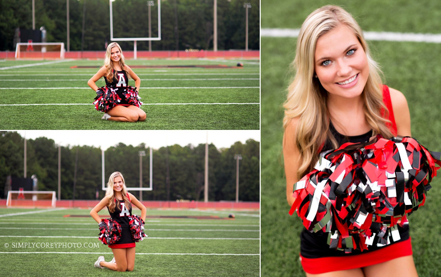 Alexander High School cheerleader with pom poms on football field by Douglasville senior photographer