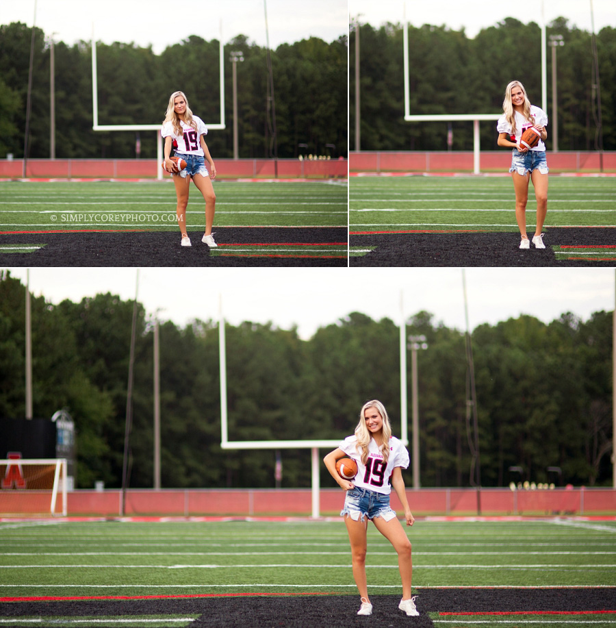Douglasville senior portrait photography of a cheerleader on Alexander High School football field