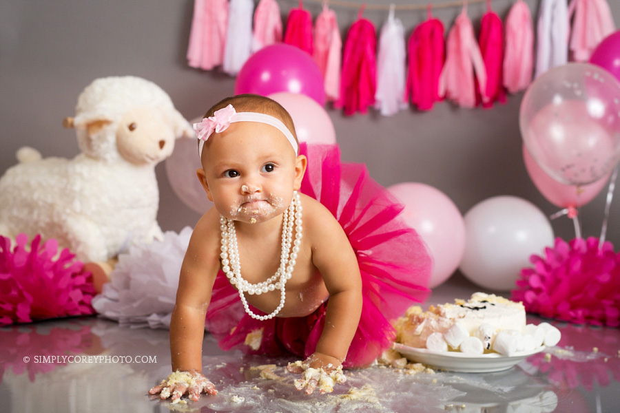 pink lamb baby session by Carrollton cake smash photographer