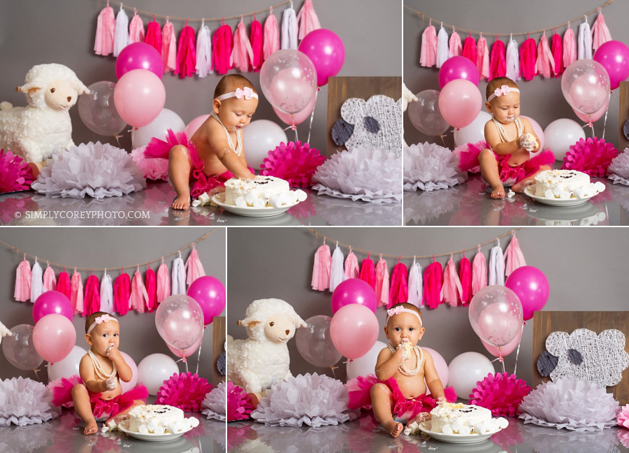 Carrollton cake smash photography of baby girl in pink tutu 
