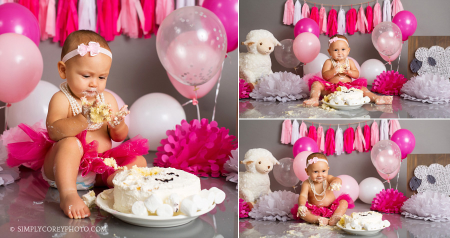 baby girl with lamb cake by Douglasville cake smash photographer