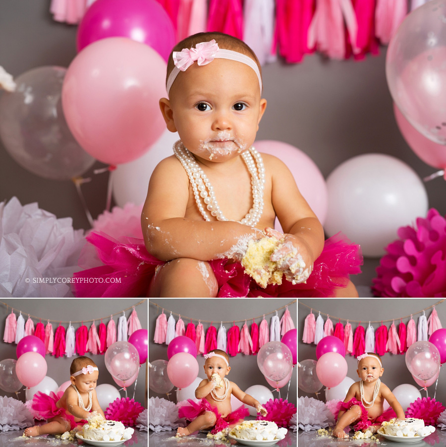 baby girl in pink tutu by Newnan cake smash photographer