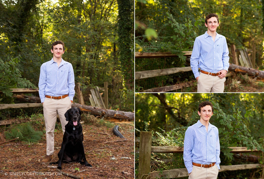 teen with wood fence and dog by Villa Rica senior portrait photographer 