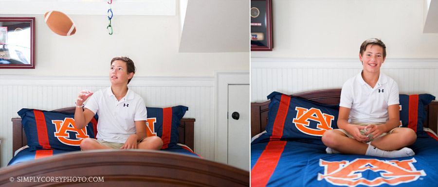 boy with football bedroom Douglasville at home photography session