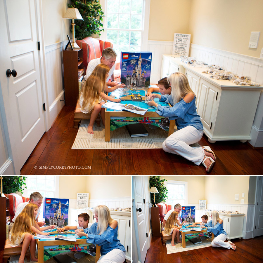 Atlanta lifestyle photography of a family putting together the Disney castle Lego set 