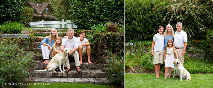 family in backyard with dog by Newnan family photographer
