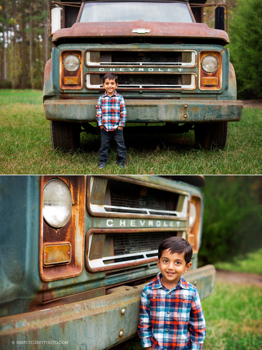 Atlanta child photography of a boy with a vintage Chevrolet truck