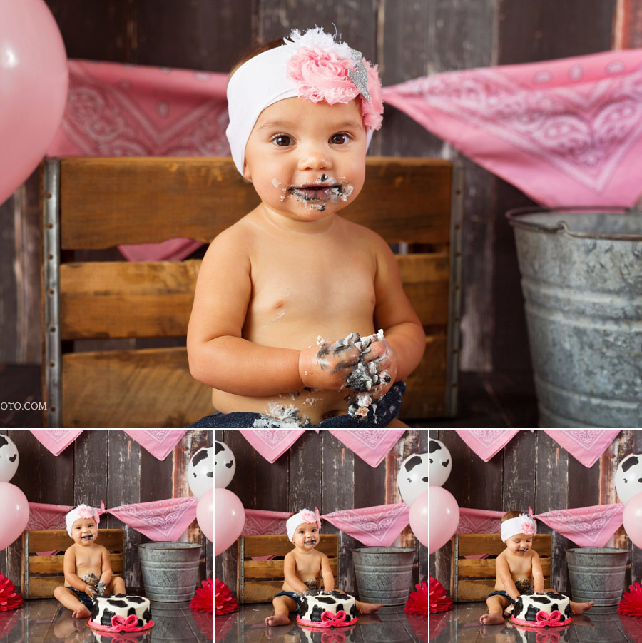 Carrollton cake smash photographer using cow balloons and pink bandannas