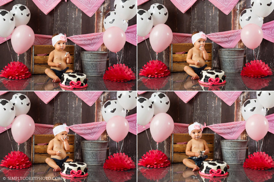 Newnan cake smash photographer, cow and pink paisley for baby girl